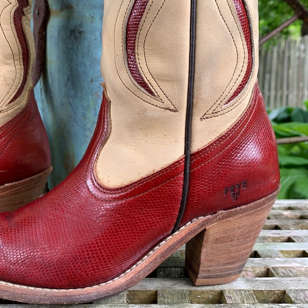 FRYE Vintage Red Lizard Leather Heeled Western Cowboy Boots—Made in USA, Size 7 - Picture 5 of 12